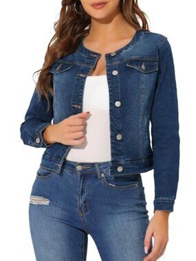 🆕 Women's Denim Jacket Collarless Round Neck Button Down Long Sleeve Jean